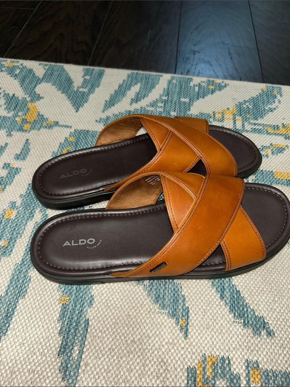 ALDO Men's Brown Leather Cross-Strap Slide Sandals
